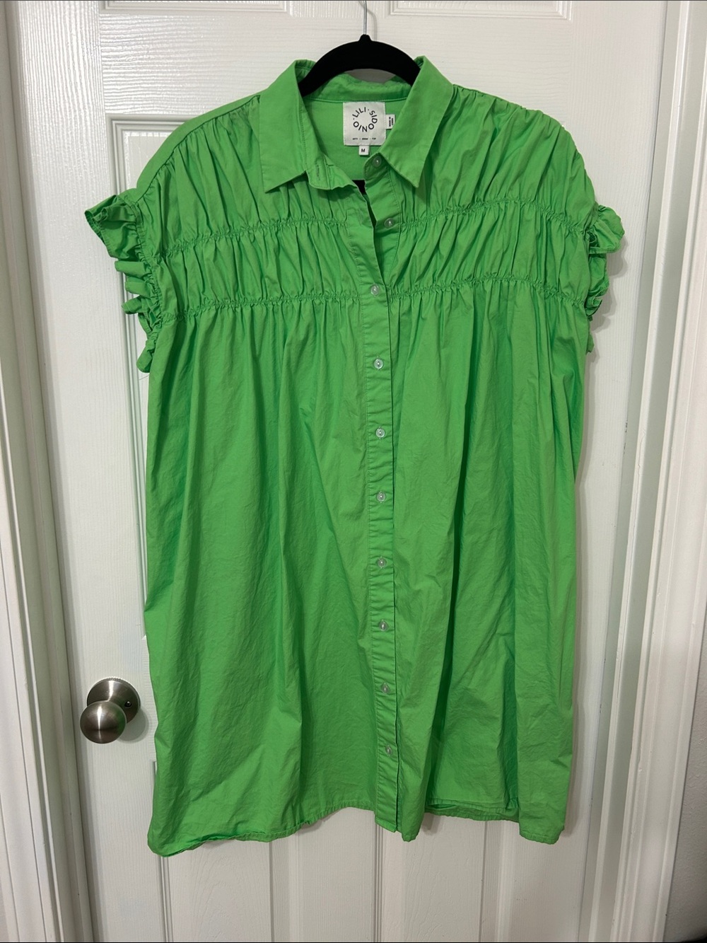 Green Smocked Cotton Button-Down Dress